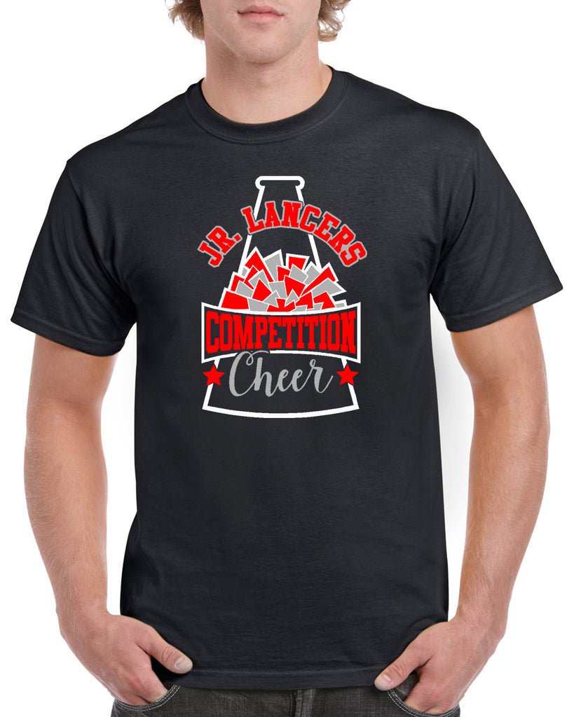 Jr Lancers Competition Cheer Heavy Cotton Black Shirt w/ Megaphone 3 Color Design on Front.