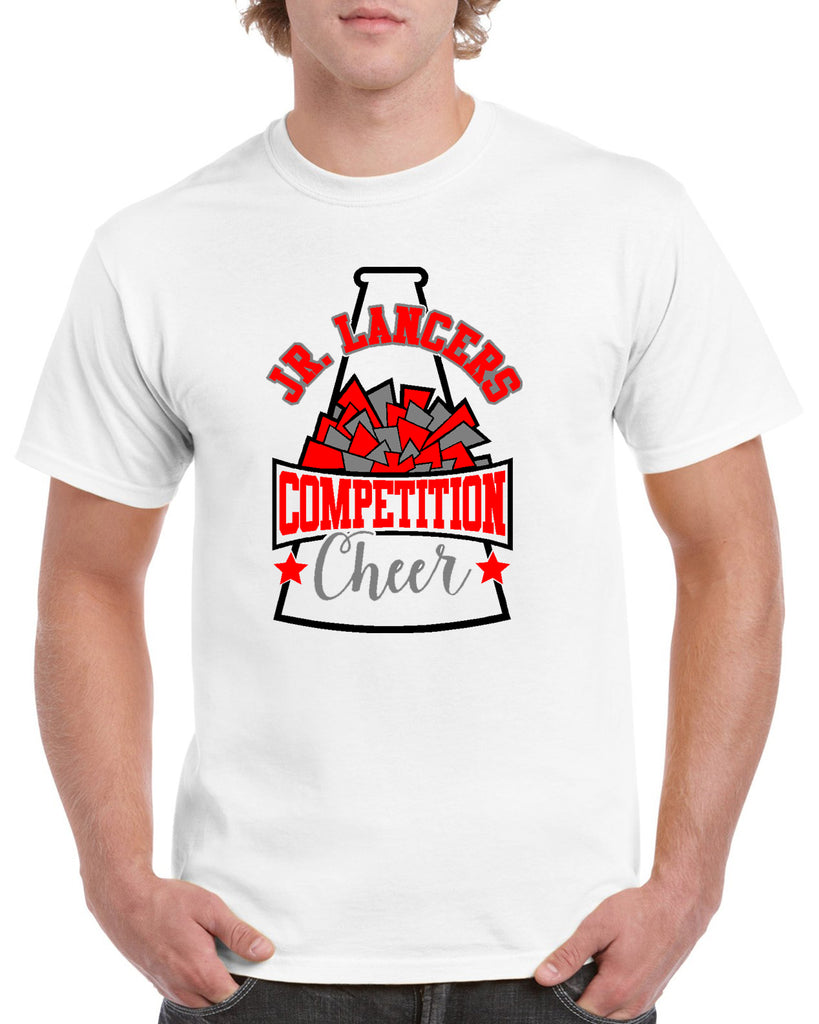 Jr Lancers Competition Cheer Heavy Cotton White Shirt w/ Megaphone 3 Color Design on Front.