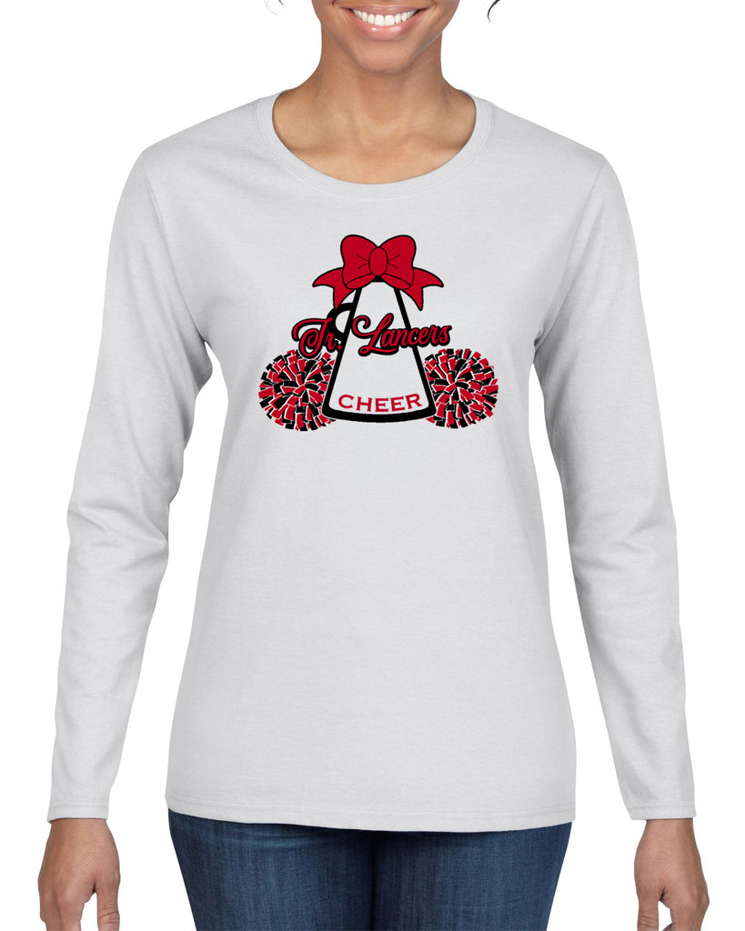 Jr Lancers Competition Cheer Heavy Cotton White Shirt w/ Mega Bow 2 Color Design on Front.