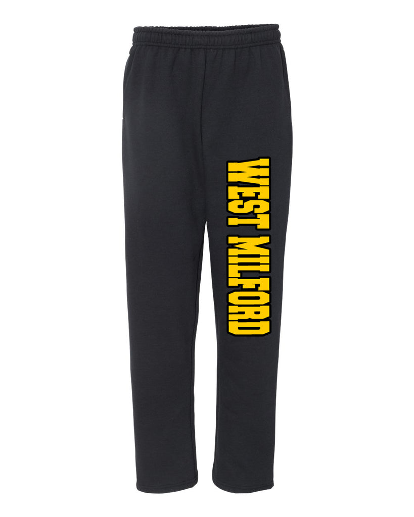 West Milford Fencing Black Open Bottom Sweat Pants w/ Design Down Left Leg.