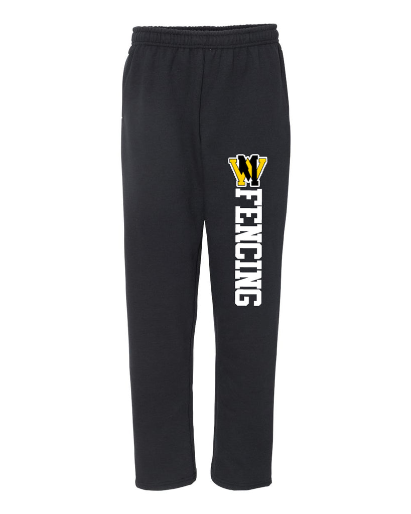 West Milford Fencing Black Open Bottom Sweat Pants w/ WM Fencing Design Down Left Leg.