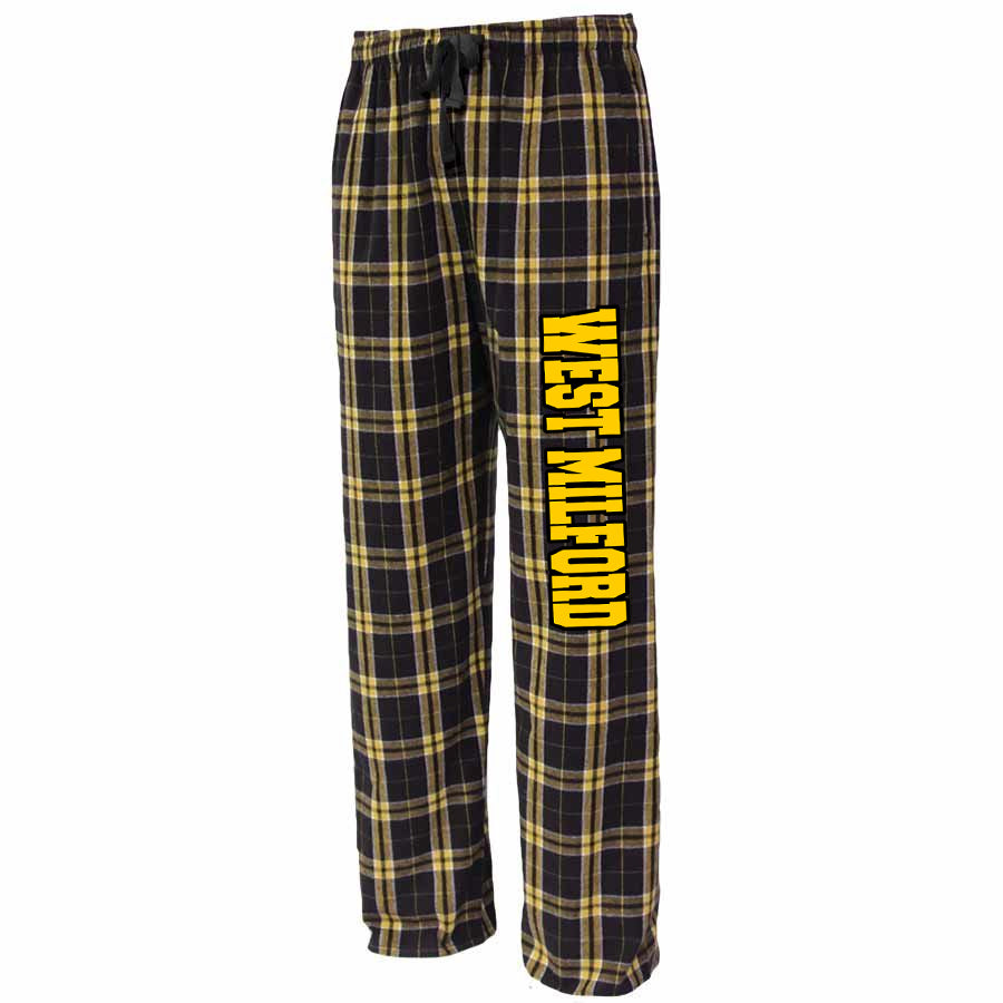 West Milford Tennis Black & Gold Flannel PJ Style Pants w/ Black & Athletic Gold Print down Leg.