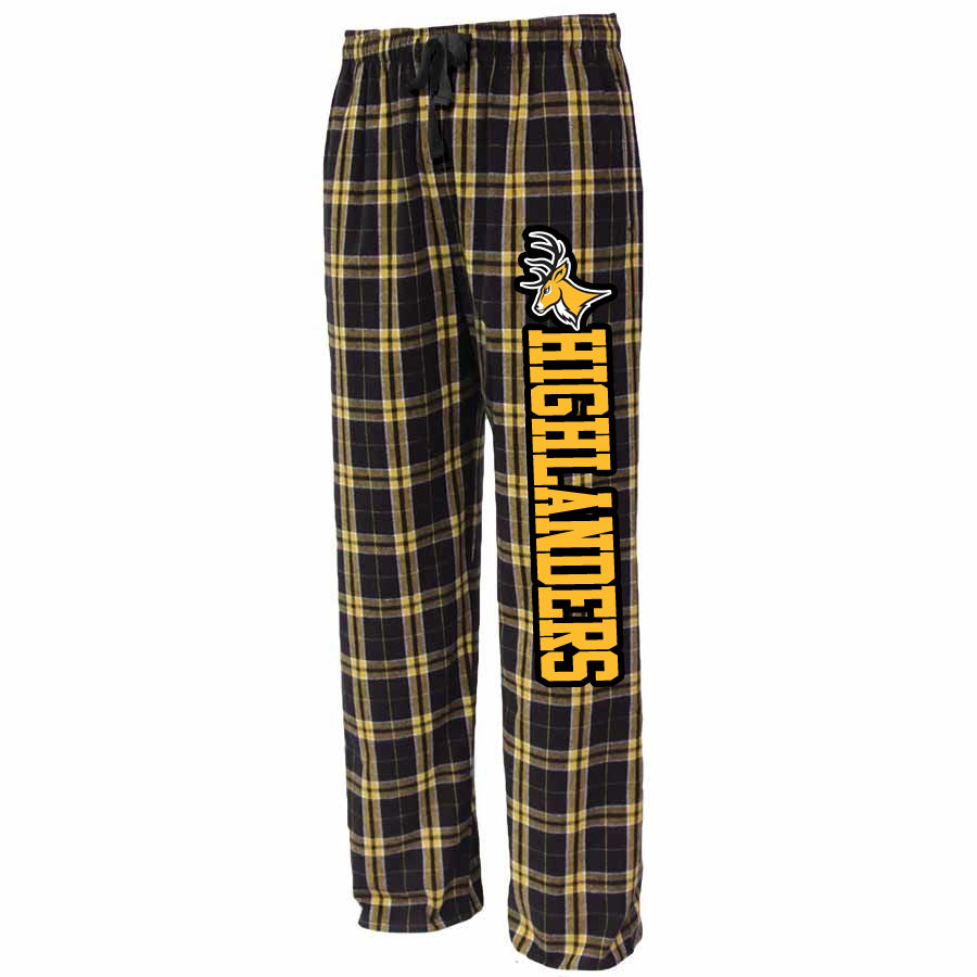 West Milford Girls Tennis Black & Gold Flannel PJ Style Pants w/ HIGHLANDERS Print down Leg.