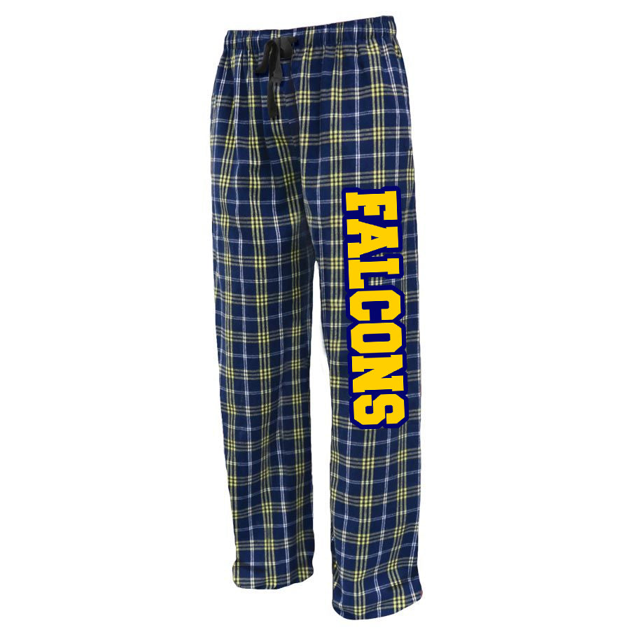 JTHS Falcons PS Flannel Pants - Navy & Gold w/ 2 Color FALCONS down Leg.