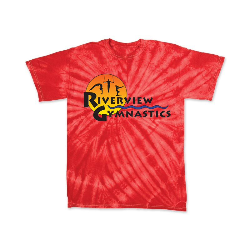 RIVERVIEW GYMNASTICS Cyclone Tie Dye Short Sleeve Tee w/ Full Color Logo on Front.