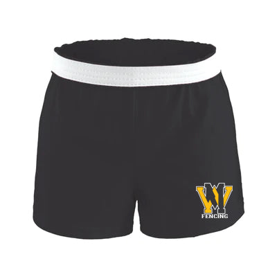 West Milford Fencing Black Authentic Low Rise Soffe Short w/ Gold & White Print WM Logo on Front Left Leg.
