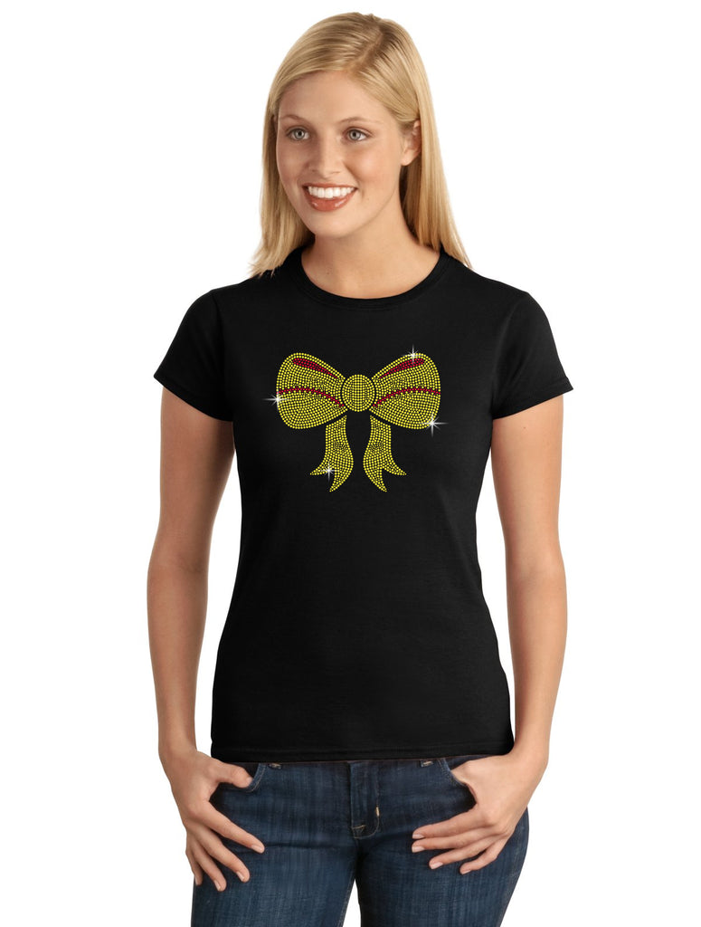 Softball Bow Ribbon V1 Spangle Bling Design Shirt