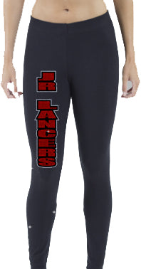 Jr Lancers Competition Cheer Black Legging Pants w/ 2 Color Spangle Logo down Leg.