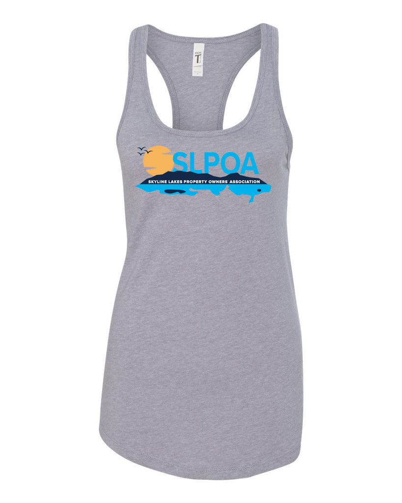 Skyline Lakes Next Level - Women's Ideal Racerback Tank - 1533 w/ Shield Logo on Back & SLPOA Logo on Front