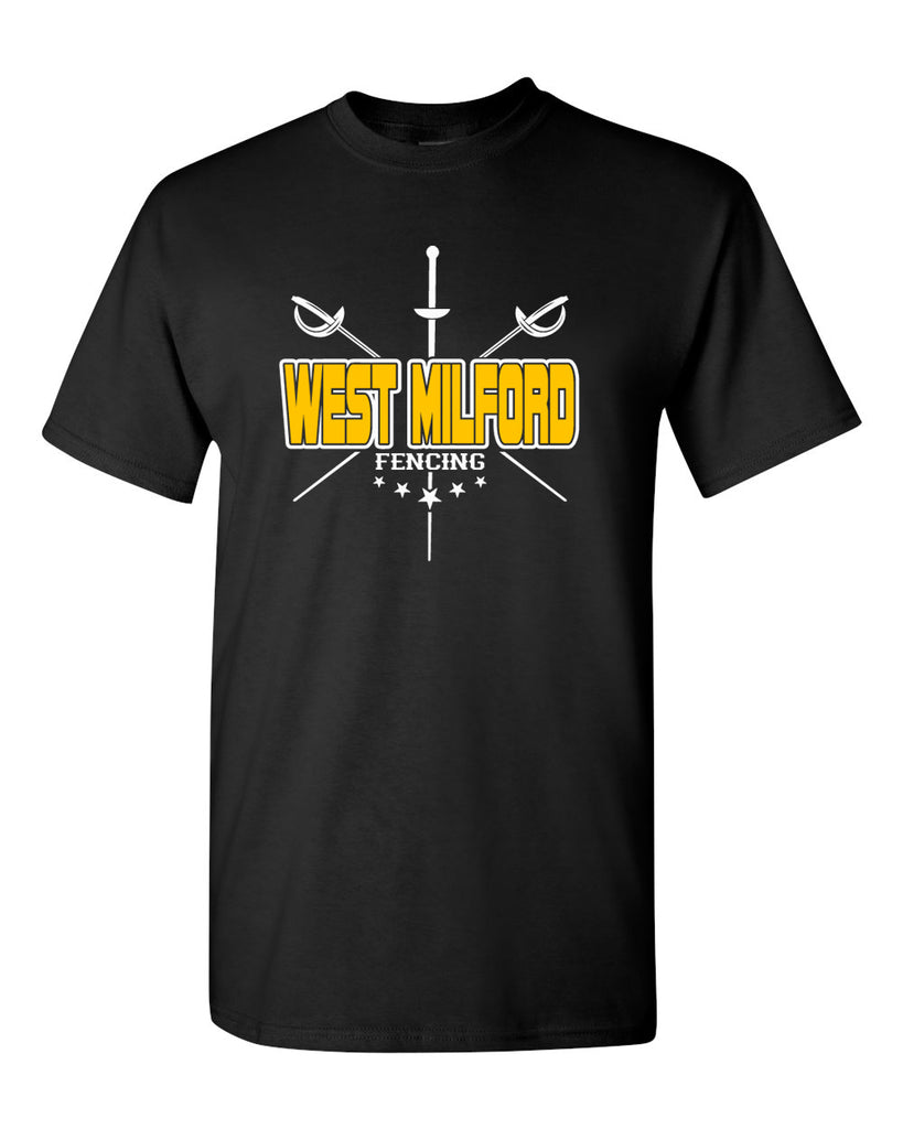 West Milford Fencing Black Short Sleeve Tee w/ WM Crossed Swords Design on Front.