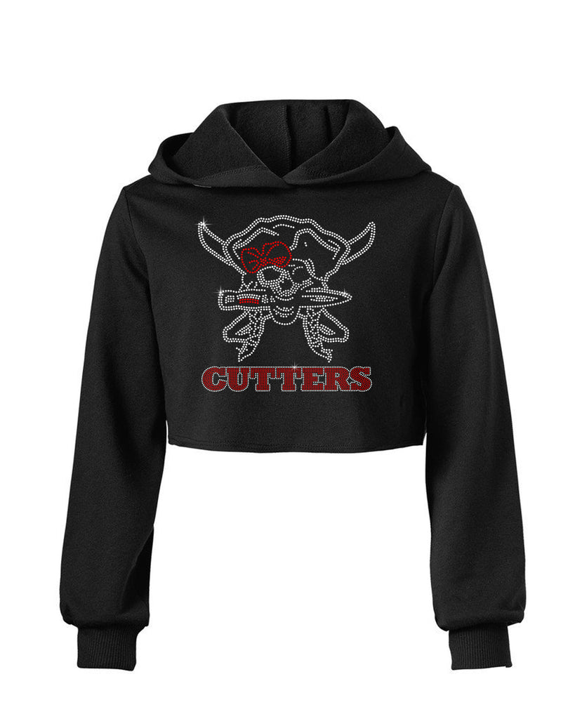 FLFA Black Soffe Girls Crop Hoodie 5839g w/ FLFA Cutters CHEER Logo in SPANGLE on Front