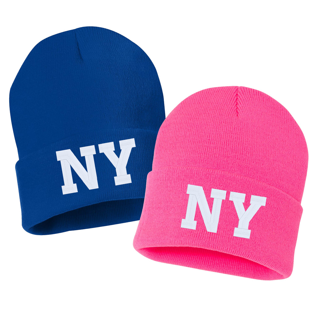 NY State Abbreviation Embroidered Cuffed Beanie Hat