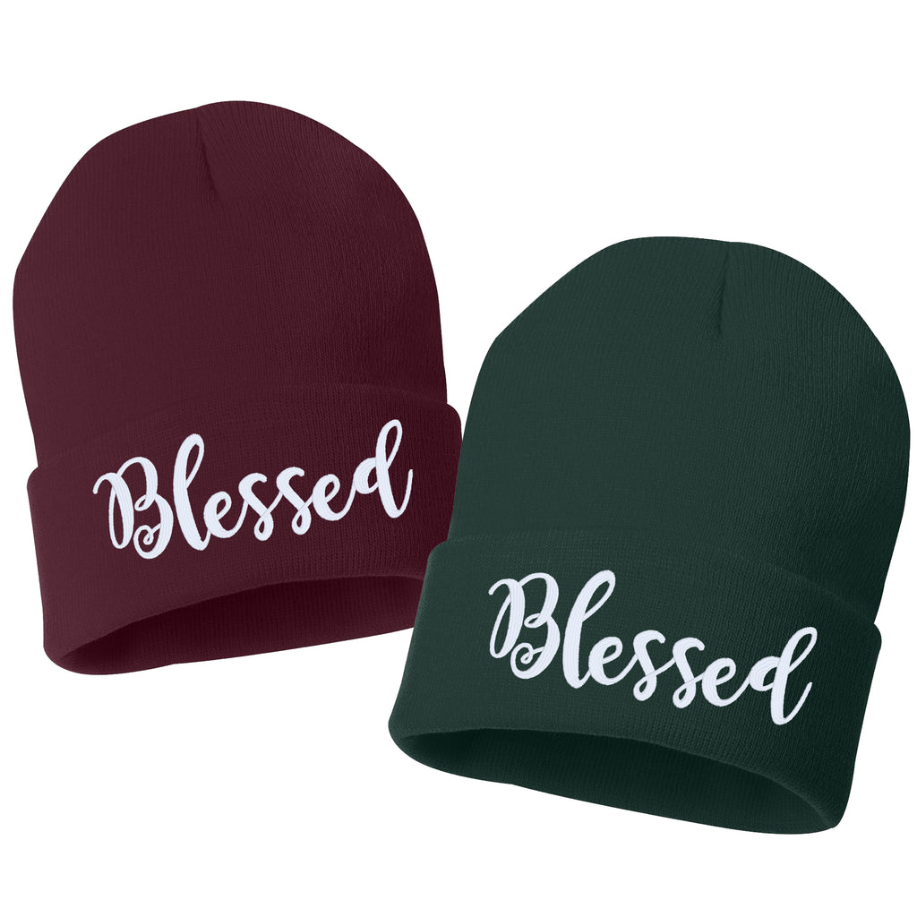 Blessed Script Embroidered Cuffed Beanie Hat