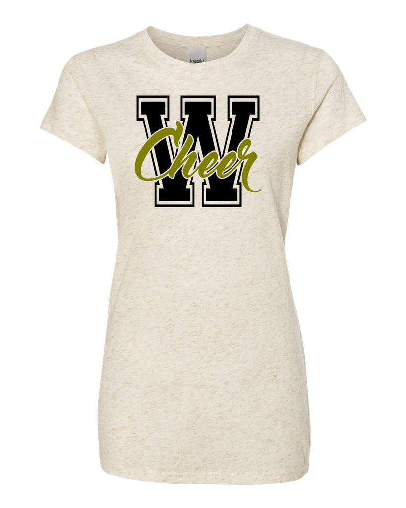 WANAQUE CHEER Glitter Crew T-Shirt w/ W-CHEER Design on Front.