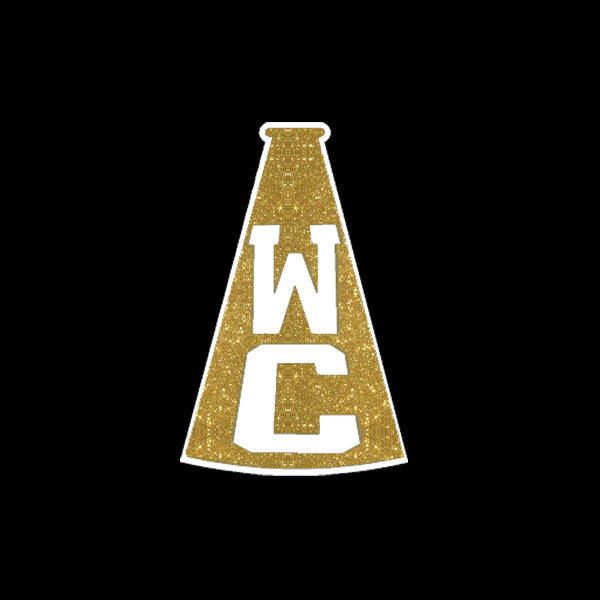 wanaque cheer black leggings w/ wc megaphone design front of left ankle.