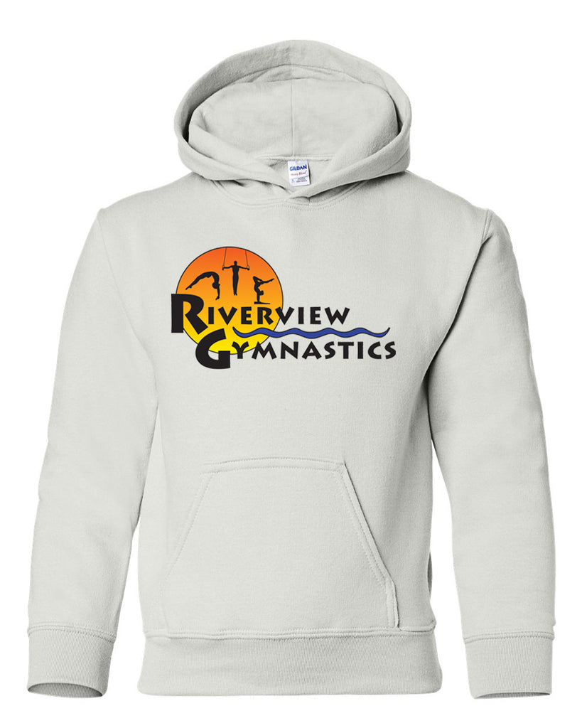 Riverview Gymnastics White Hoodie w/ Full Color Sun Design on Front.