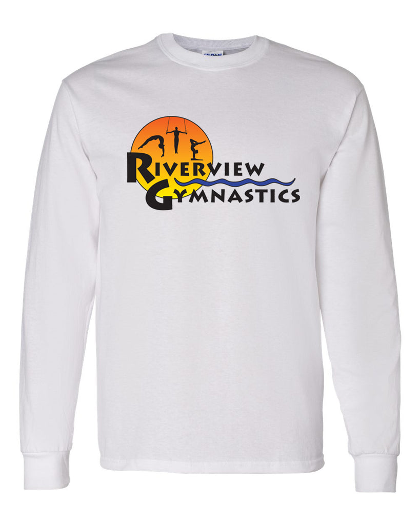 Riverview Gymnastics White Long Sleeve T-Shirt w/ Full Color Sun Design on Front.