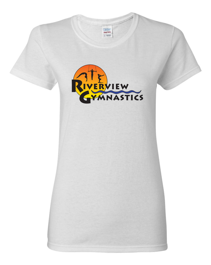 Riverview Gymnastics White Short Sleeve T-Shirt w/ Full Color Sun Design on Front.