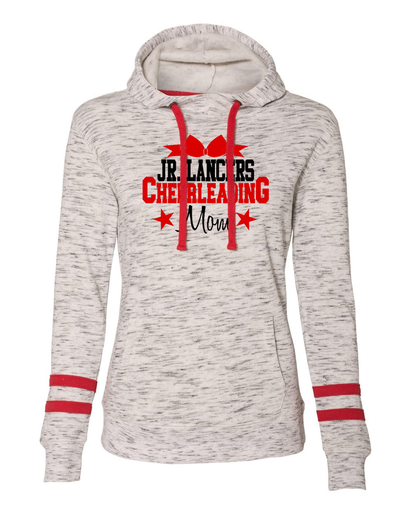 Jr Lancers Cheer Women’s Mélange Fleece Striped-Sleeve Hooded Sweatshirt - 8674 w/ Cheerleading Mom Color Design on Front.