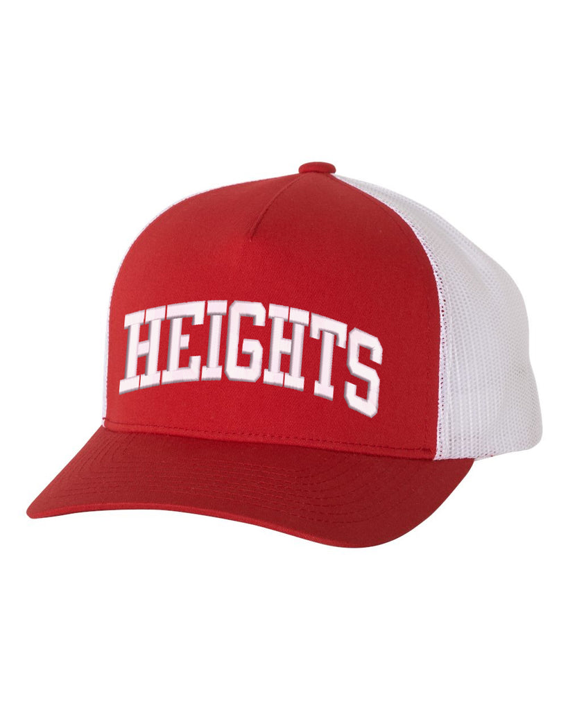 Height Red Yupoong - Classics™ Five-Panel Retro Trucker Cap - 6506 w/ HEIGHTS ARC logo on Front.