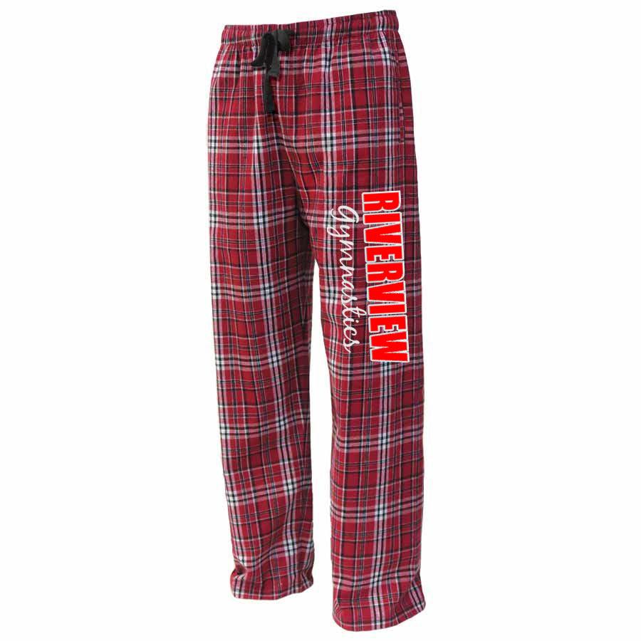 Riverview Gymnastics PS Flannel Pants - Red w/ 2 Color RIVERVIEW Gymnastics down Leg.