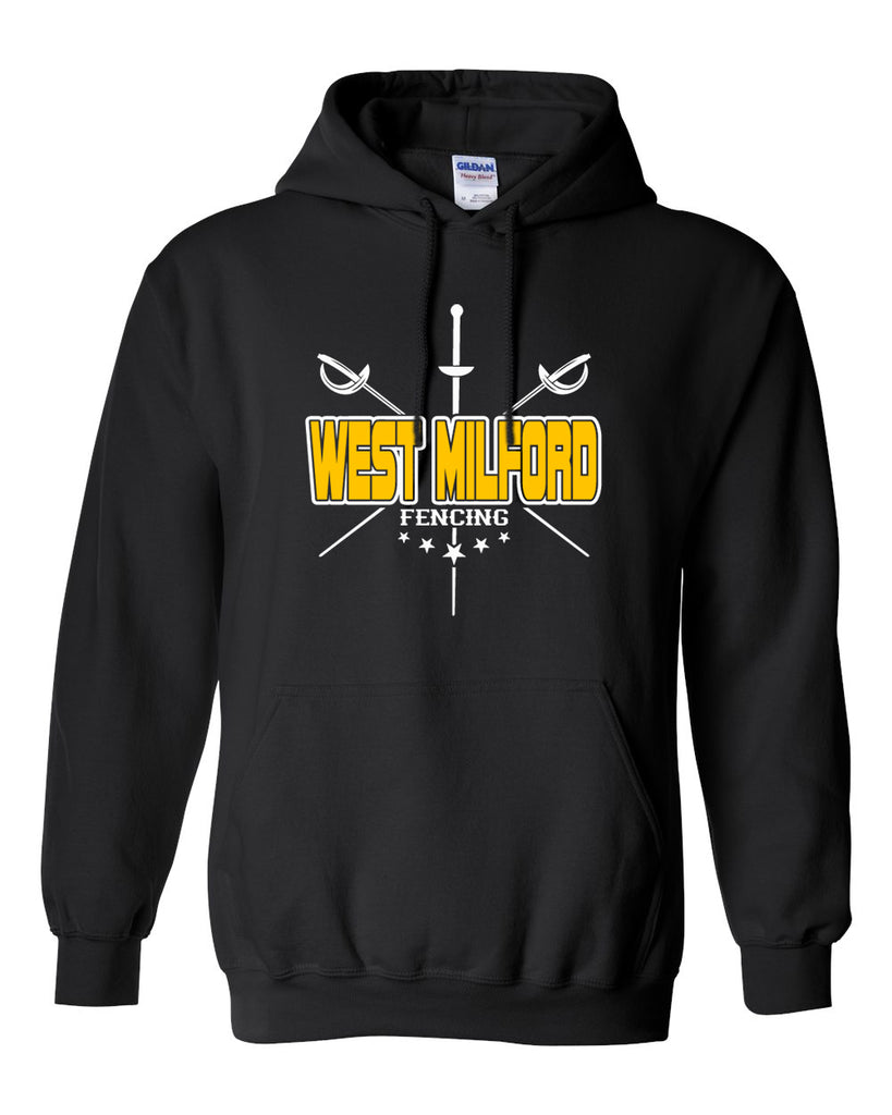 West Milford Fencing Black Heavy Blend Hoodie w/ Large WM Cross Swords Design on Front.