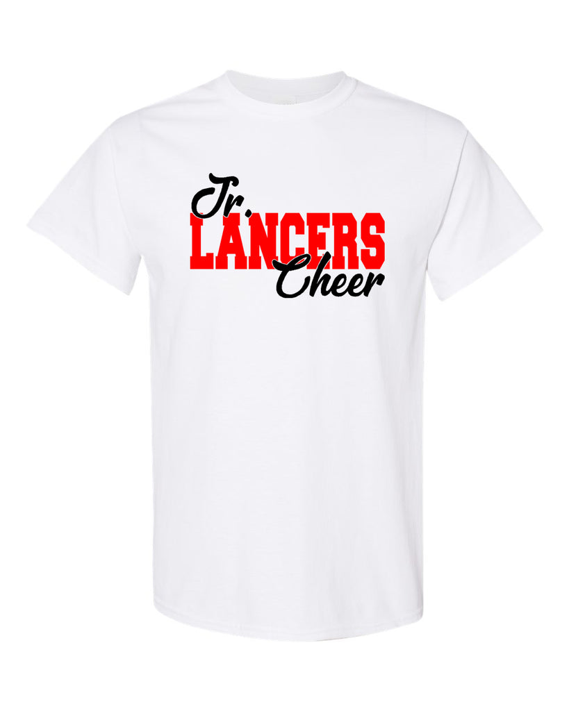 Jr Lancers Competition Cheer White Cotton Tee w/ Jr. Lancer OverUnder Design on Front.