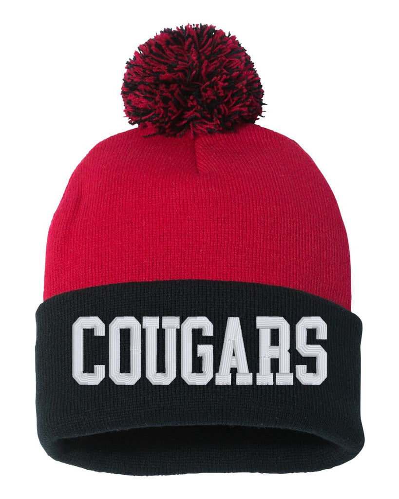 Hazleton Area Cougars - Red/Black Sportsman - 12" Pom-Pom Cuffed Beanie - SP15 w/ COUGARS Embroidered