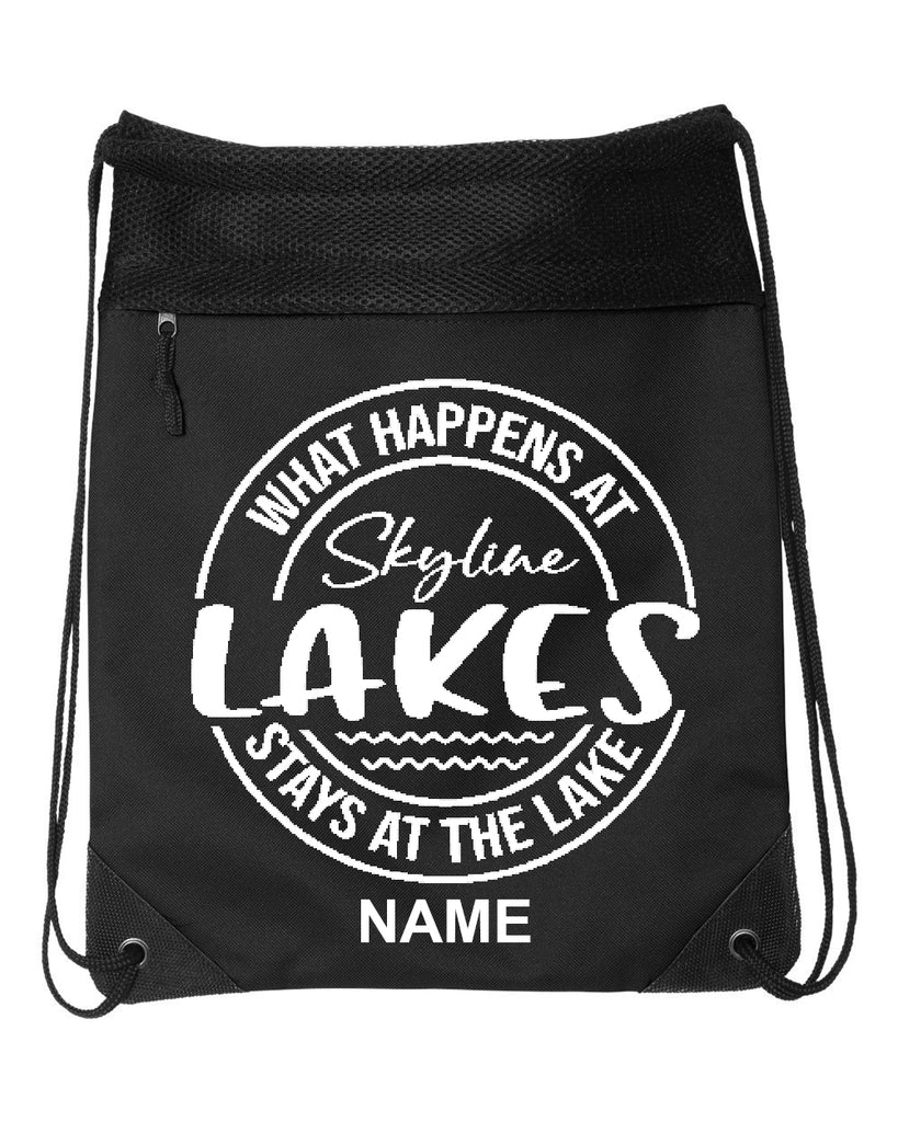 Skyline Lakes Black Coast to Coast Drawstring Backpack - 2562 w/ What Happens Design on Front.