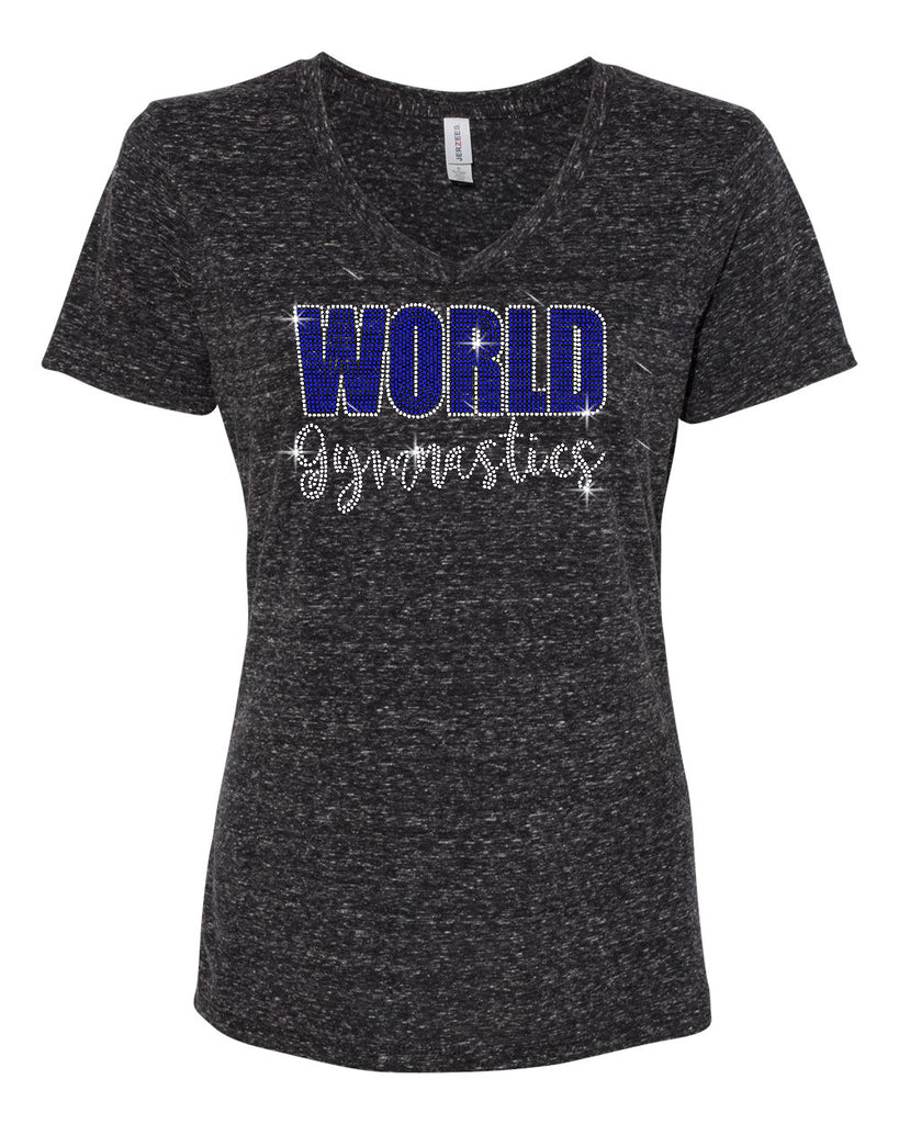World Gymnastics Black JERZEES - Women's Snow Heather Jersey V-Neck T-Shirt - 88WVR - w/ Spangle Design on Front