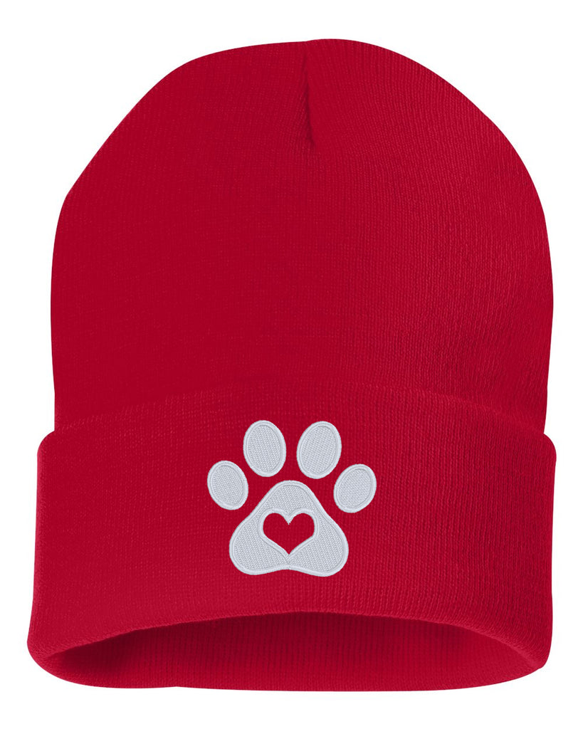 PAW w/ HEART Embroidered Cuffed Beanie Hat