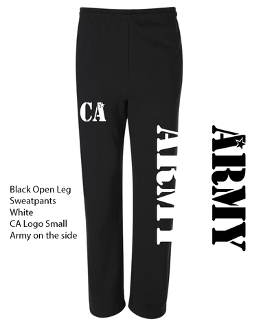 Cheer Army Black Open Bottom Sweat Pants w/ Stencil Design V2 in White Down Left Leg.