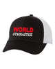 World Gymnastics Black & White Mesh-Back Trucker Cap - VC400 with Red & White Embroidery