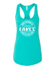 Skyline Lakes Next Level - Women's Ideal Racerback Tank - 1533 w/ What Happens Design on Front.