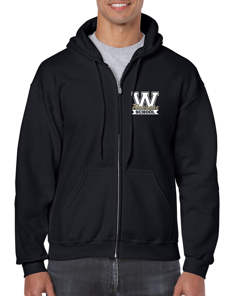 wanaque school black heavy blend full-zip hoodie w/ small wanaque school "w" 2 color logo on front left chest.