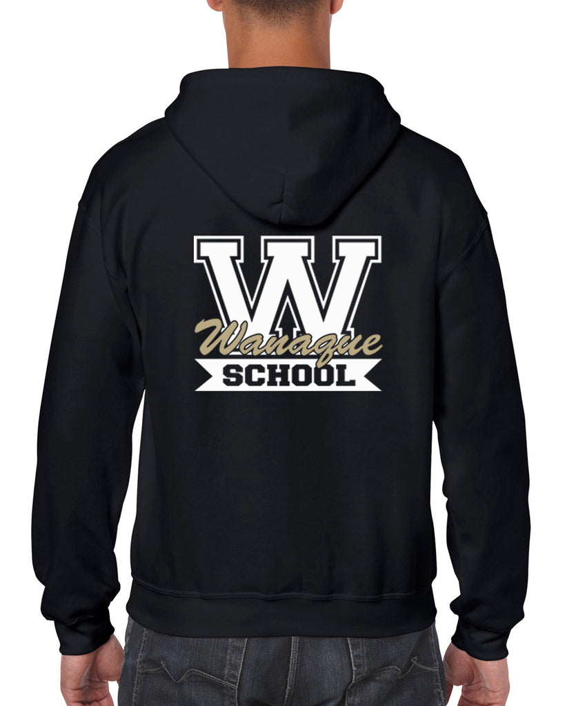 wanaque school black heavy blend full-zip hoodie w/ large wanaque school "w" 2 color logo on back.