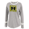 rtcc gray ringer stripe crew shirt w/ rtcc 2 color bow design on front.
