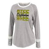 rtcc gray ringer stripe crew shirt w/ rtcc explosion repeat 2 color design on front.