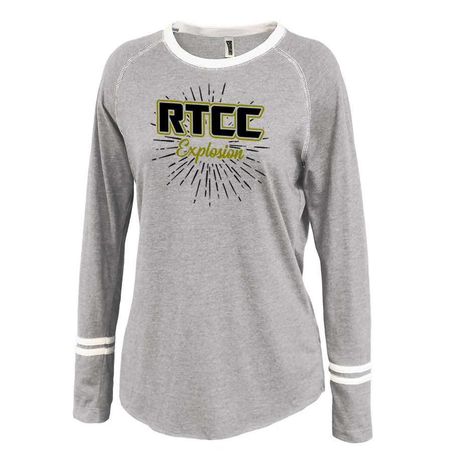 rtcc gray ringer stripe crew shirt w/ rtcc 2 color burst design on front.