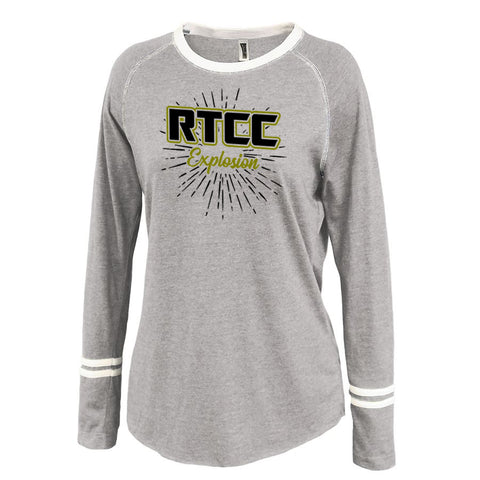 RTCC Gray Ringer Stripe Crew Shirt w/ RTCC Explosion Repeat 2 Color Design on Front.