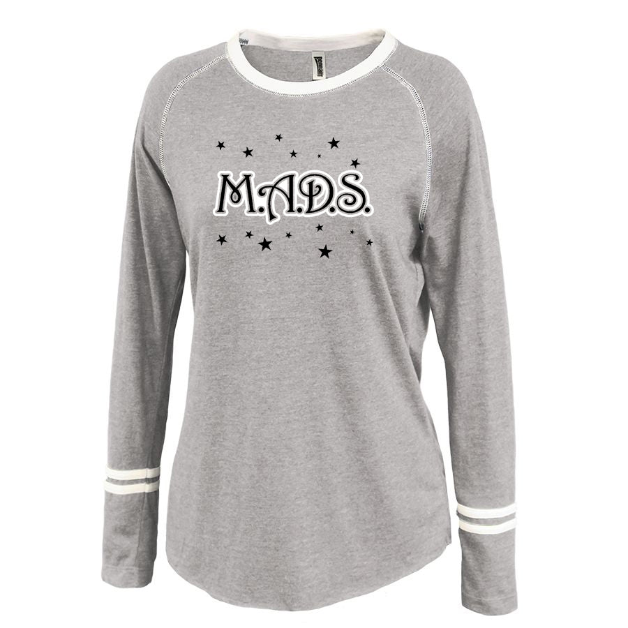 mads gray ringer stripe crew shirt w/ 2 color mads stars design on front.