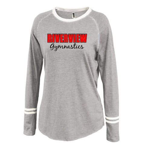 Riverview Gymnastics Heavy Cotton Women's V-Neck T-Shirt w/ 2 Color SPANGLE Design on Front.
