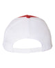 bloomingdale pta red & white five-panel retro trucker cap - 6506 w/ bloom b design embroidered on front.