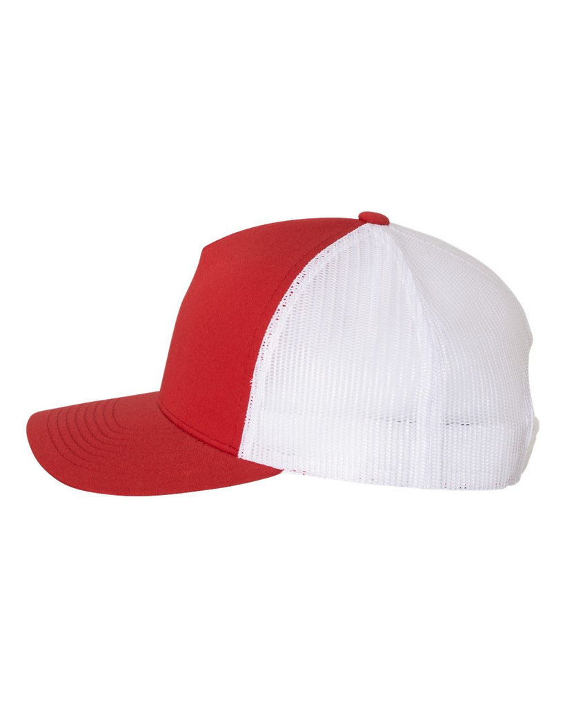 bloomingdale pta red & white five-panel retro trucker cap - 6506 w/ bloom b design embroidered on front.