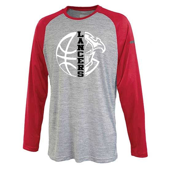 lakeland basketball 1209 stratos raglan crew shirt w/ lakeland basketball lancers split logo on front