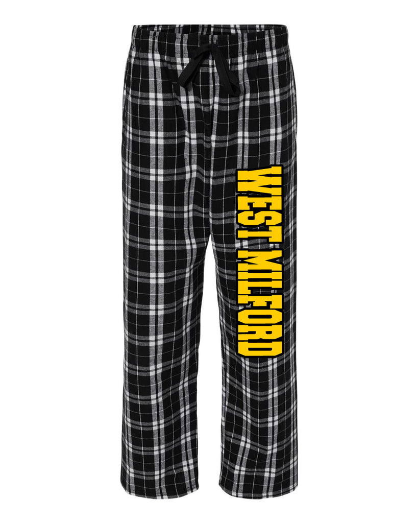 west milford fencing black & white flannel pj style pants w/ black & athletic gold print down leg.