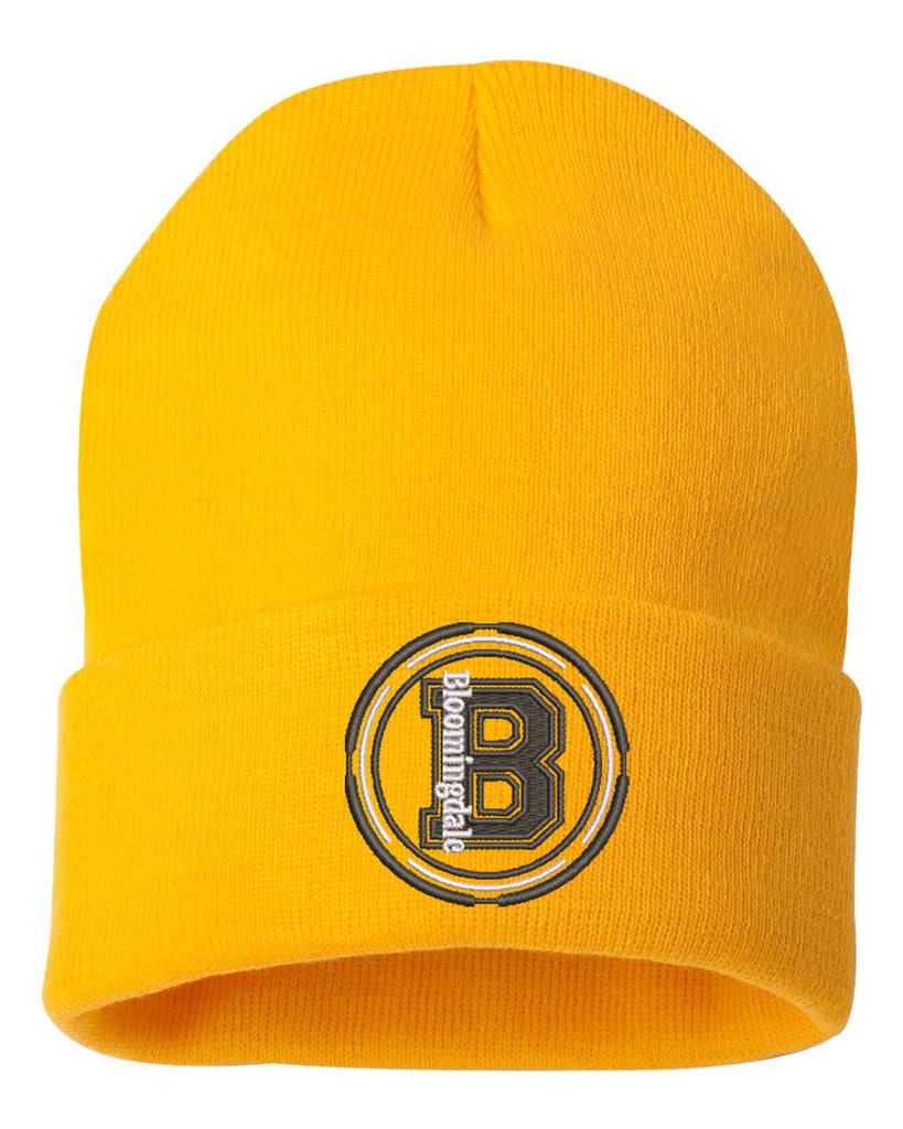 bloomingdale pta sportsman - solid gold 12" cuffed beanie - w/ bloom b design embroidered on front.