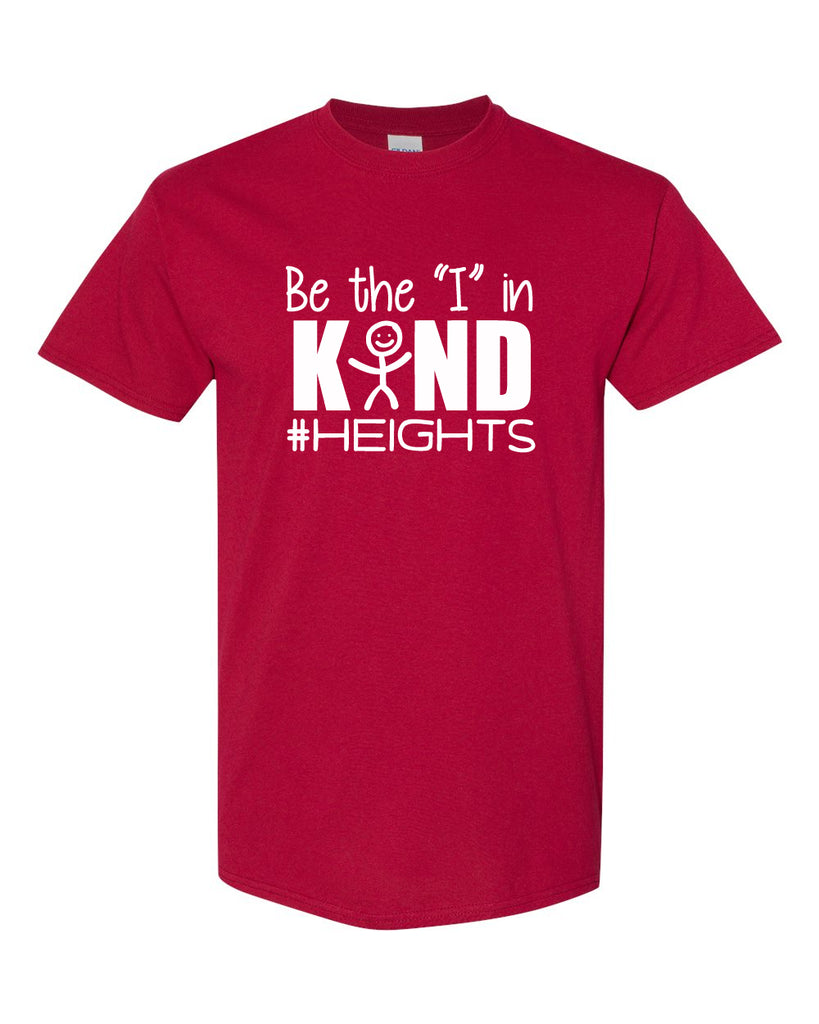 heights red short sleeve tee w/ be the "i" in kind design in white on front.
