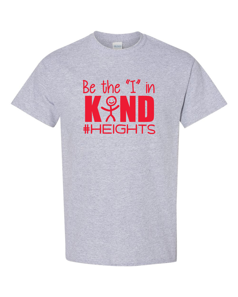 heights sport gray short sleeve tee w/ be the "i" in kind design in red on front.