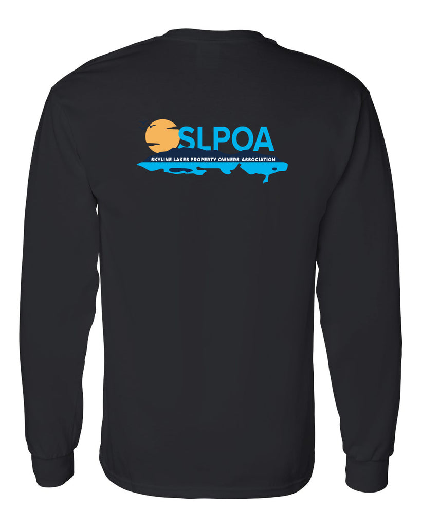skyline lakes long sleeve tee w/ shield logo front & slpoa logo on back